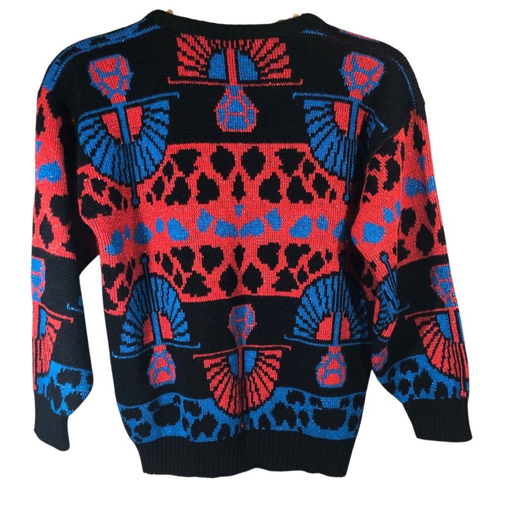 Vintage Lauren Knitwear Sweater Womens M 80s Red Blue Geometric Egyptian USA Shi - Picture 5 of 10